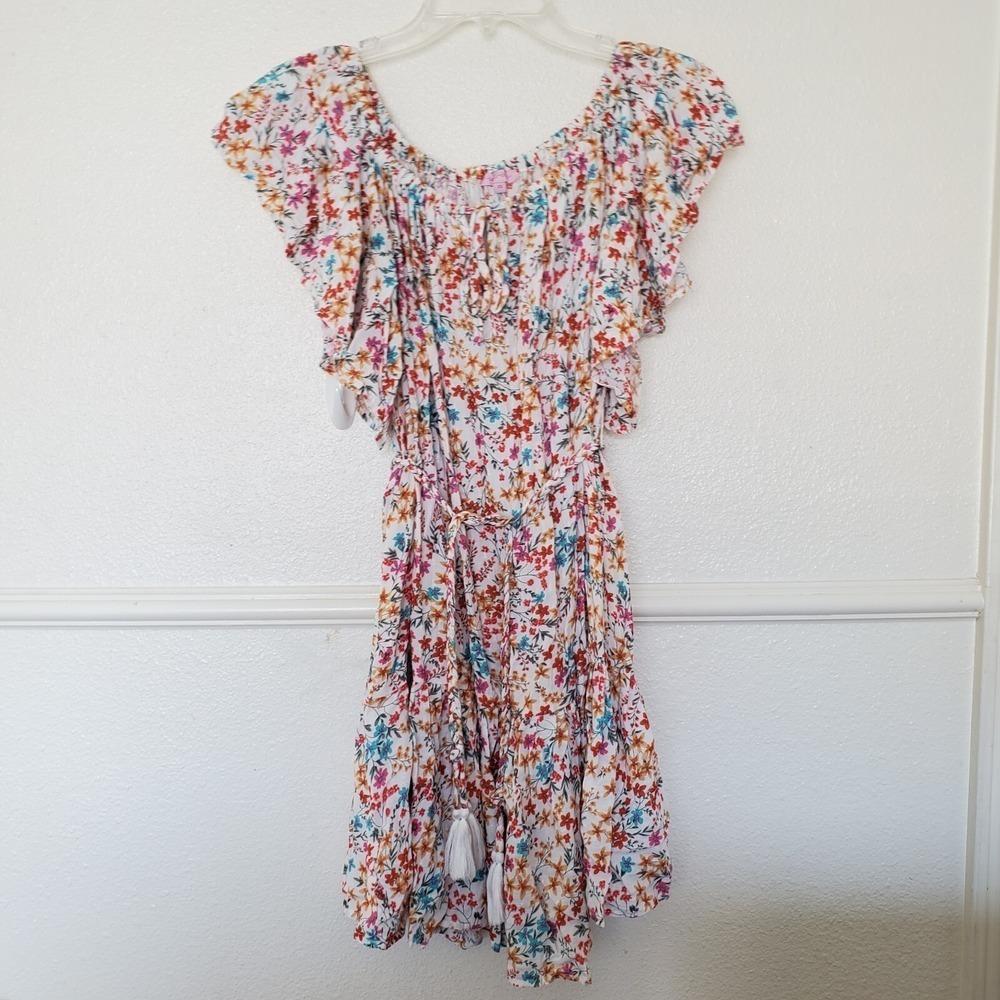 Rose & Thyme Floral Mini Dress XS White Multi Ruffle Sleeve Tassel Belt Boho